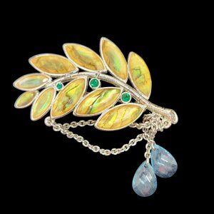 Vintage Monet Leaf Brooch With Abalone Shell & Rhinestone Accents